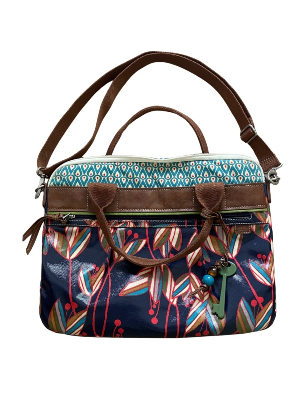 Fossil Women’s Floral Convertible laptop Shoulder Bag - Navy, Brown Travel #0122
